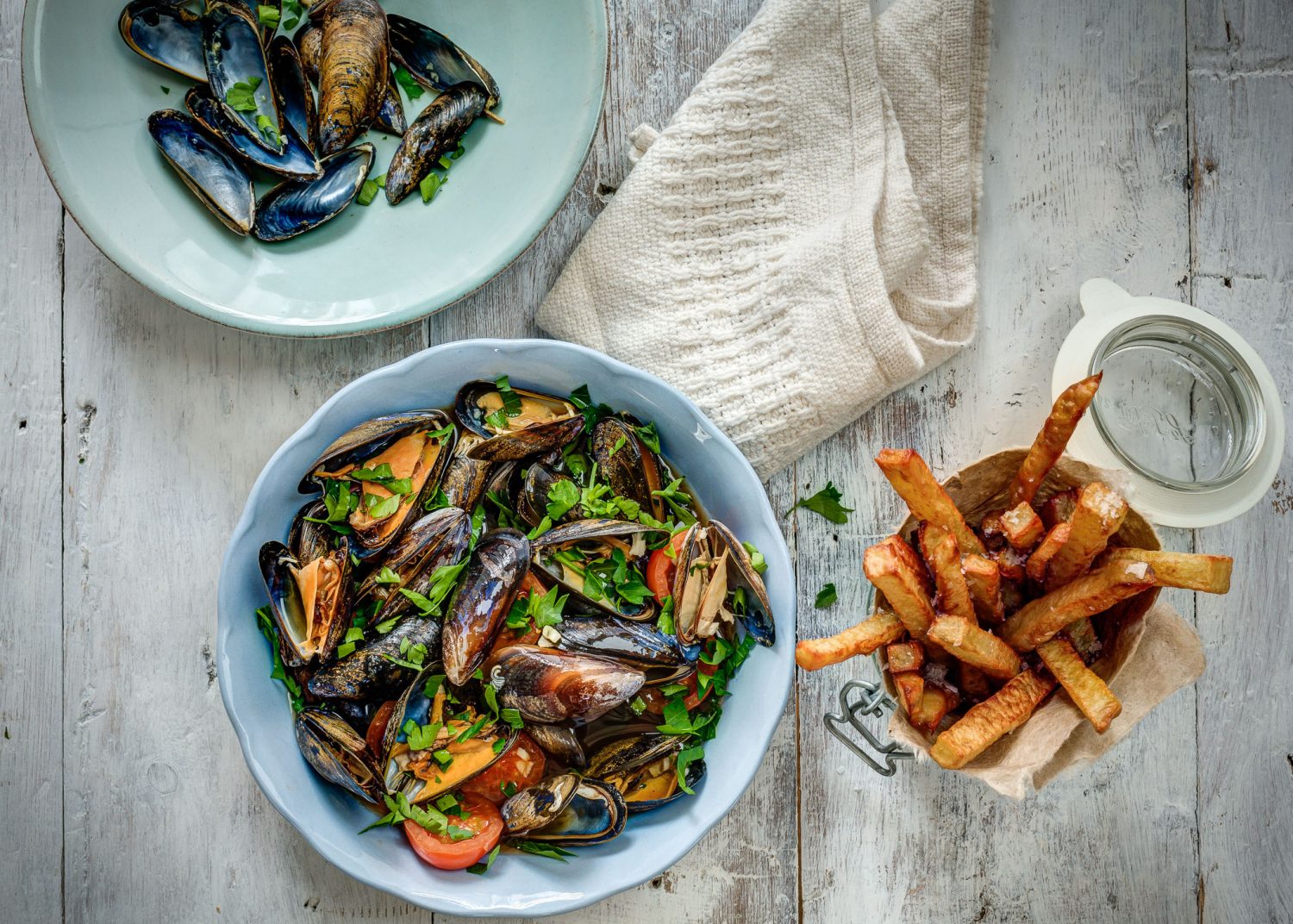 Slow Cooked Mussels and chips